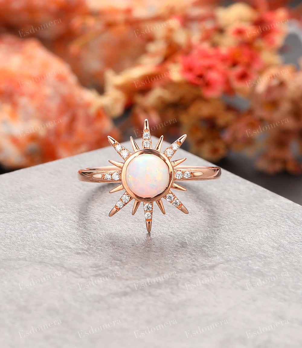 Art Deco 14k Rose Gold Moissanites Halo Ring, October Birthstone Ring, Bezel Set Round Cabochon Cut Pink White Opal Promise Engagement Ring - Esdomera