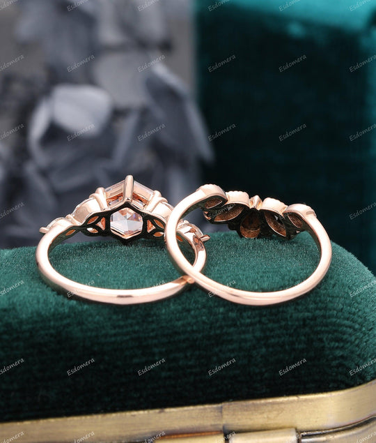 Art Deco Bridal Set Hexagon Cut Moissanite Engagement Ring Set Black Zircon Wedding Band - Esdomera