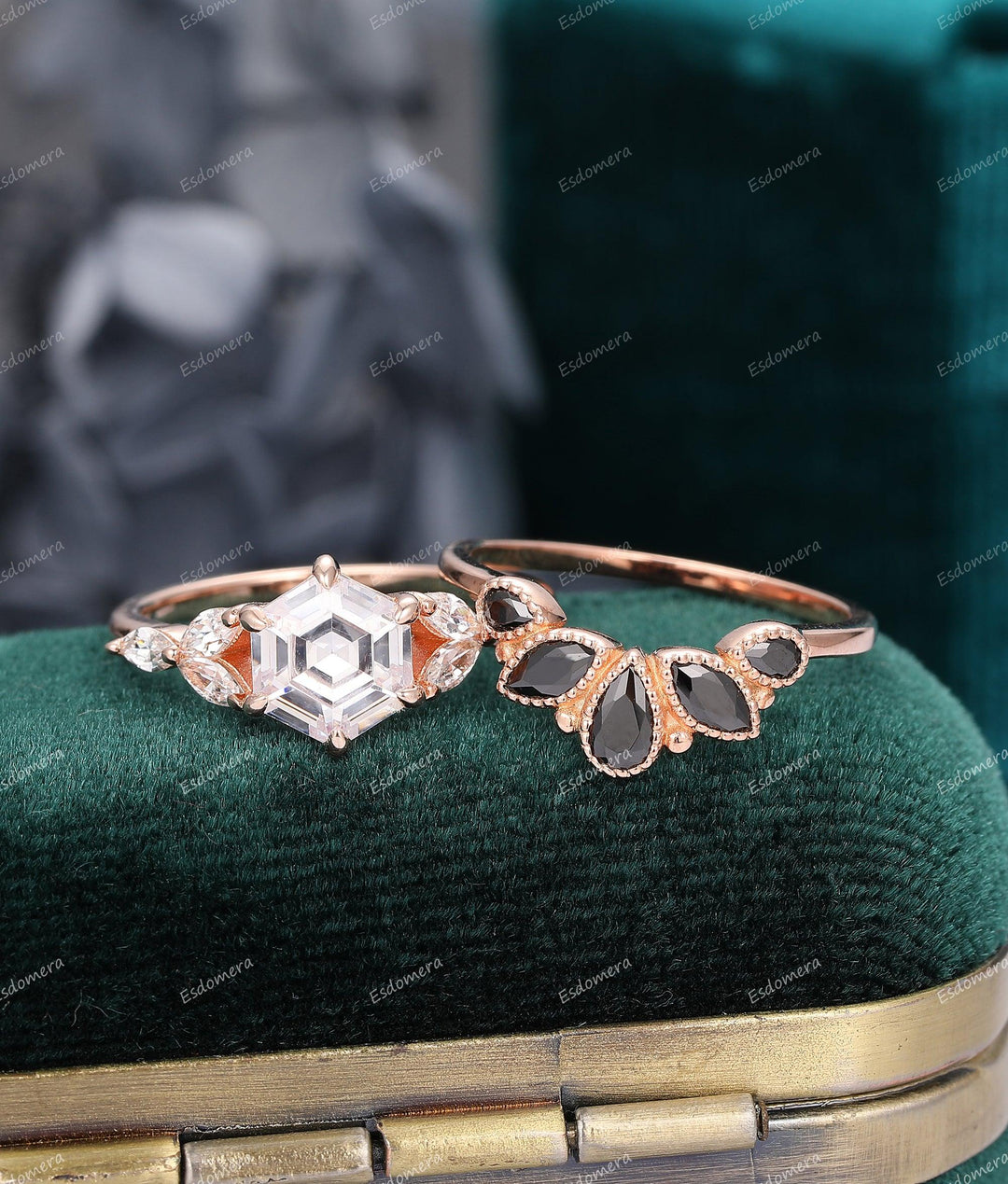 Art Deco Bridal Set Hexagon Cut Moissanite Engagement Ring Set Black Zircon Wedding Band - Esdomera