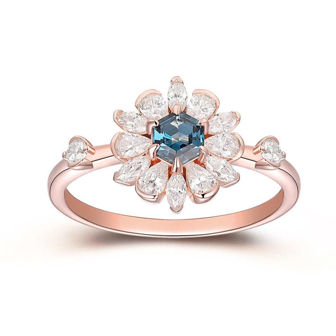 Art Deco Floral Halo Gold Ring, Unique Hexagon Cut London Blue Topaz Engagement Ring - Esdomera