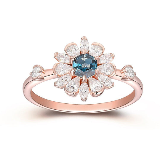 Art Deco Floral Halo Gold Ring, Unique Hexagon Cut London Blue Topaz Engagement Ring - Esdomera