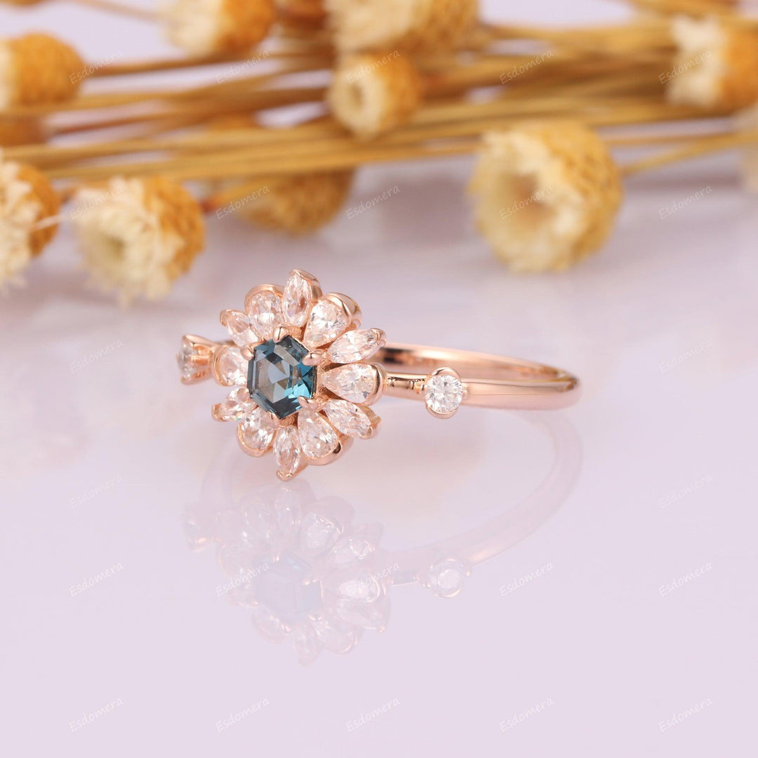 Art Deco Floral Halo Gold Ring, Unique Hexagon Cut London Blue Topaz Engagement Ring - Esdomera