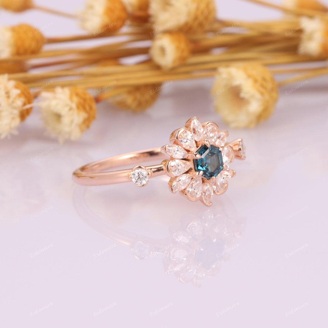 Art Deco Floral Halo Gold Ring, Unique Hexagon Cut London Blue Topaz Engagement Ring - Esdomera