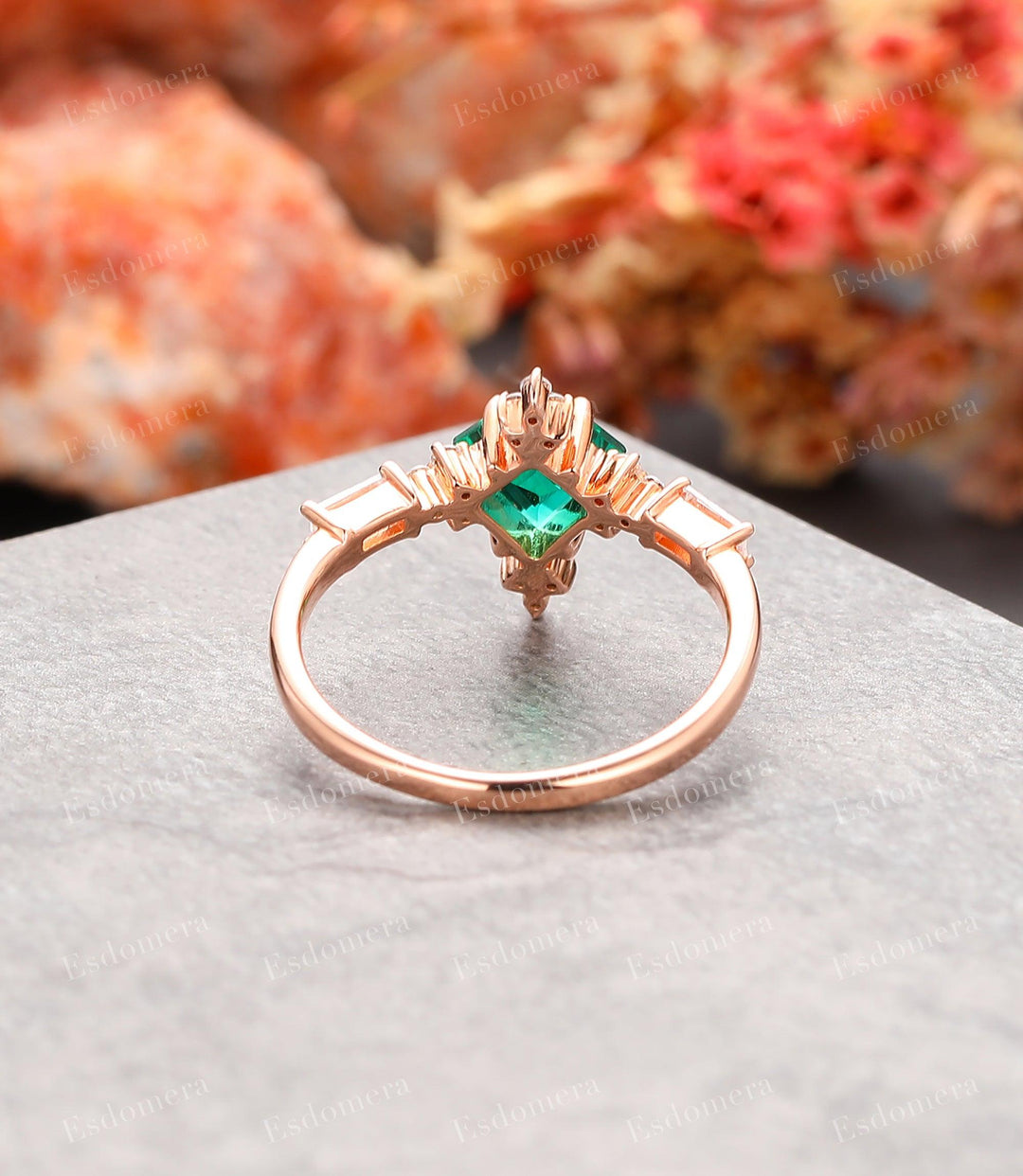 Art Deco Kite Cut 1.5CT Emerald Engagement Ring, 14K Rose Gold Moissanite Cluster Ring - Esdomera