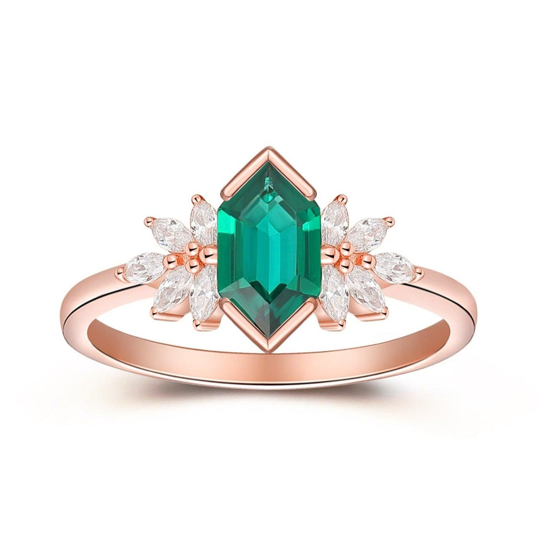 Art Deco Long Hexagon Cut Emerald Engagement Ring, Moissanite Anniversary Proposal Ring For Women - Esdomera