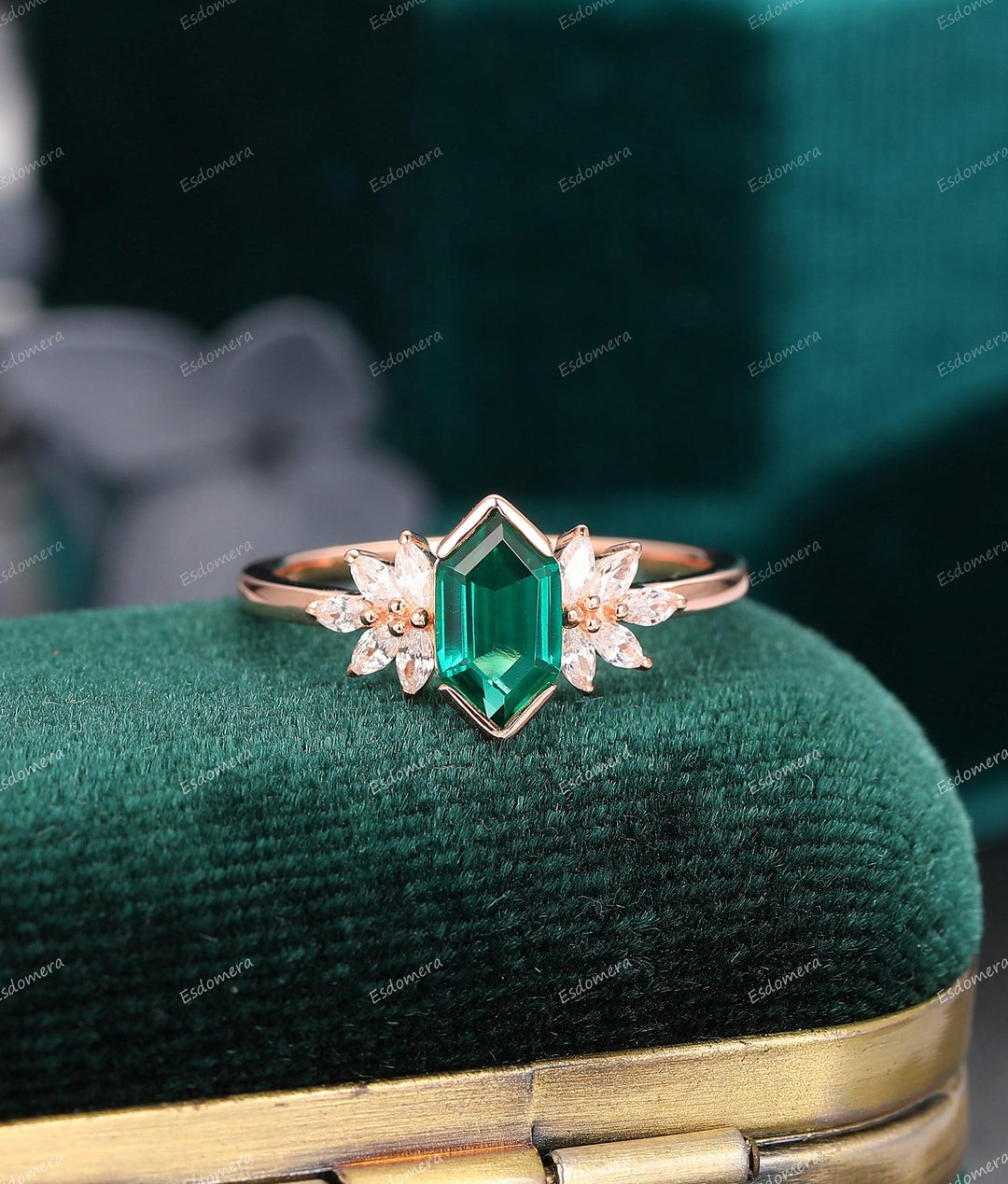 Art Deco Long Hexagon Cut Emerald Engagement Ring, Moissanite Anniversary Proposal Ring For Women - Esdomera