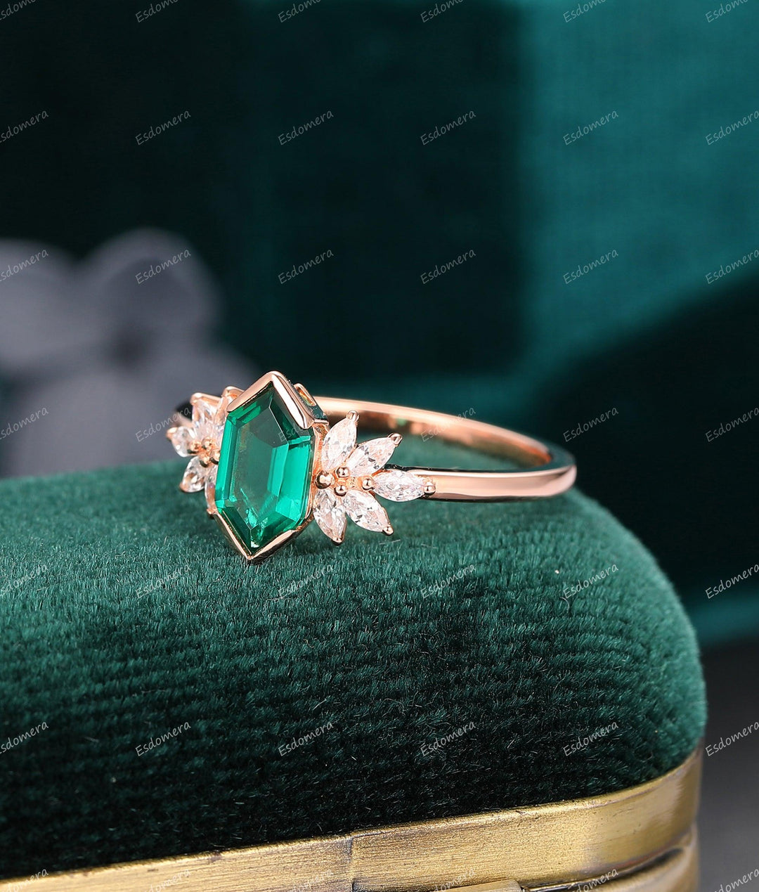 Art Deco Long Hexagon Cut Emerald Engagement Ring, Moissanite Anniversary Proposal Ring For Women - Esdomera