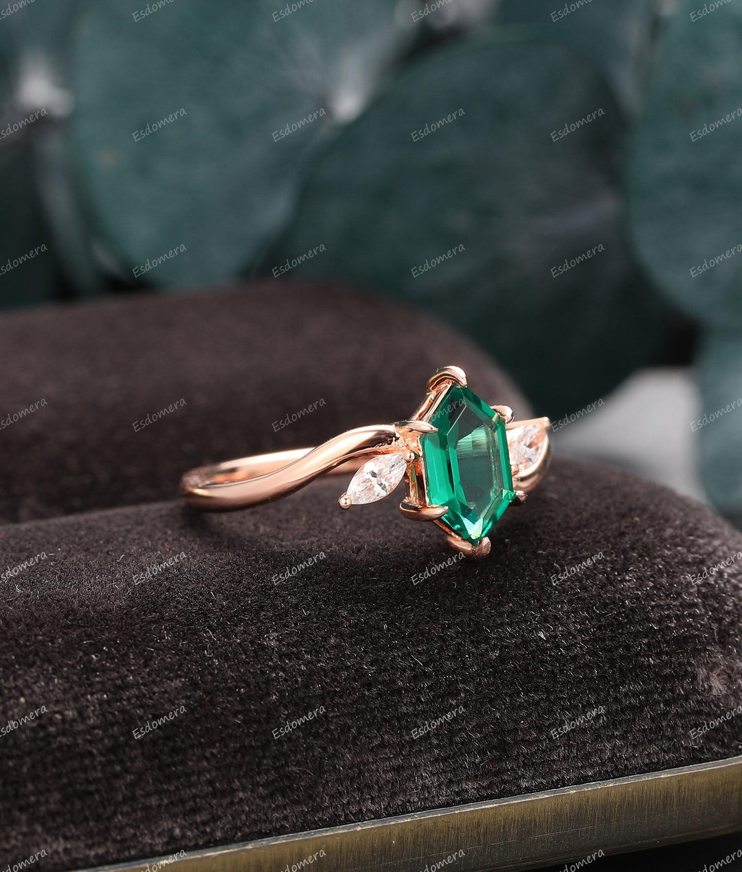 Art Deco Long Hexagon Cut Emerald Wedding Ring, Marquise Moissanite Prong Set Ring - Esdomera