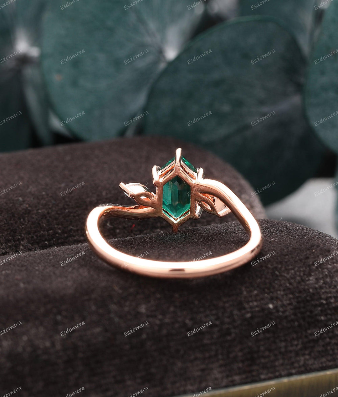 Art Deco Long Hexagon Cut Emerald Wedding Ring, Marquise Moissanite Prong Set Ring - Esdomera