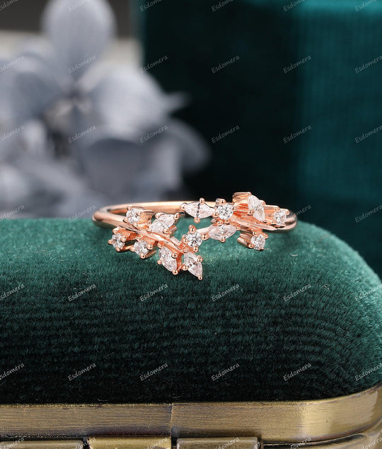 Art Deco Moissanite Engagement Ring Leaf Vine Moissanite Cluster Ring, Unique Stacking Ring For Her, Bridal Gift For Women - Esdomera