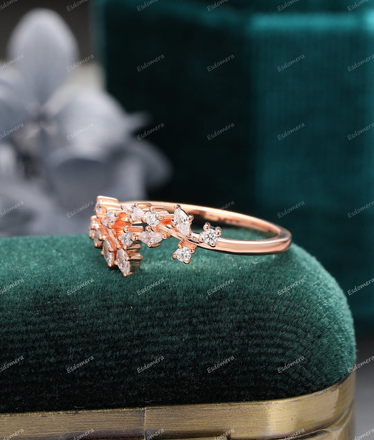 Art Deco Moissanite Engagement Ring Leaf Vine Moissanite Cluster Ring, Unique Stacking Ring For Her, Bridal Gift For Women - Esdomera