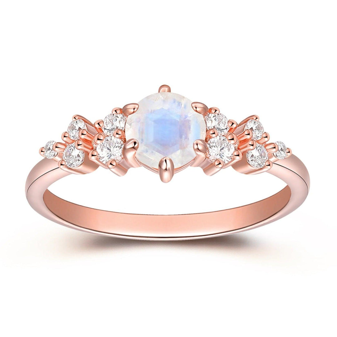Art Deco Moissanites Cluster Ring, 0.6CT Round Cut Lab Rainbow Moonstone Promise Engagement Ring For Her, 14k Rose Gold June Birthstone Ring - Esdomera