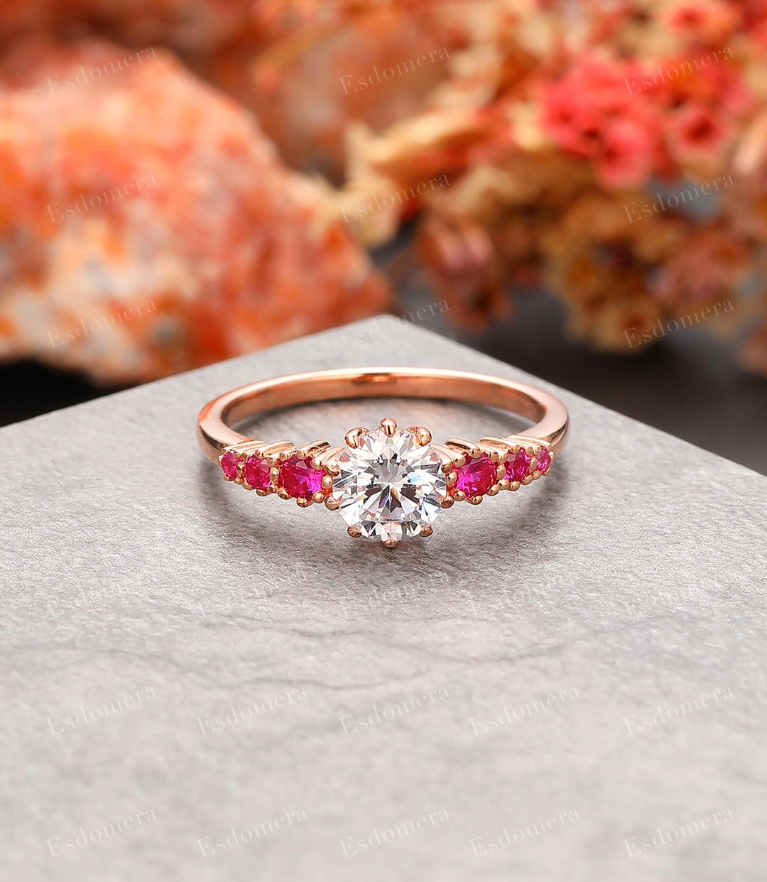 Art Deco Round Cut Moissanite Anniversary Ring For Women, Rubies Accents Promise Ring, 14k Rose Gold Engagement Ring - Esdomera