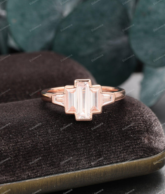 Bezel Set Baguette Cut Engagement Moissiante Ring, 14k Rose Gold Art Deco Moissanite Promise Ring - Esdomera