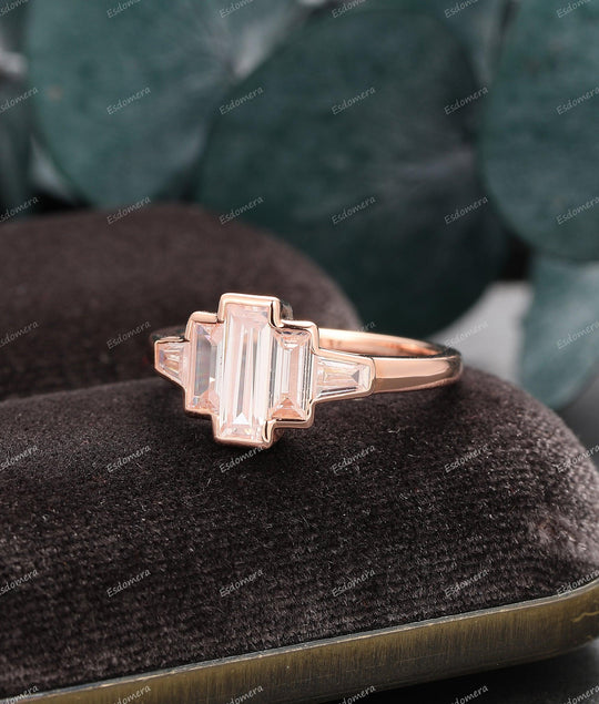 Bezel Set Baguette Cut Engagement Moissiante Ring, 14k Rose Gold Art Deco Moissanite Promise Ring - Esdomera