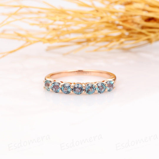 Classic 0.7ctw Round Cut Alexandrite Ring, Elegant 14k White Gold Alexandrite Wedding Ring - Esdomera
