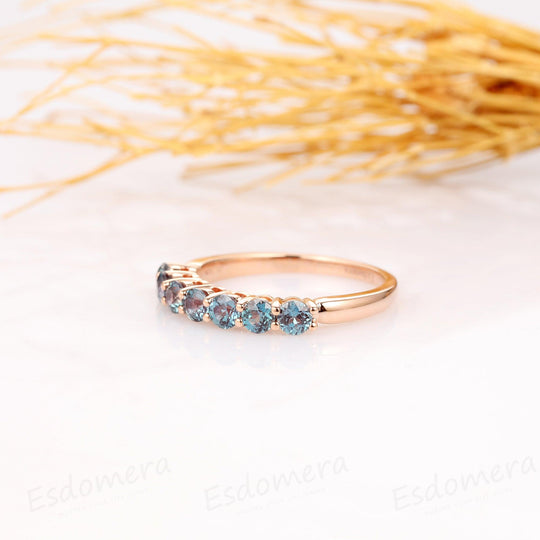 Classic 0.7ctw Round Cut Alexandrite Ring, Elegant 14k White Gold Alexandrite Wedding Ring - Esdomera