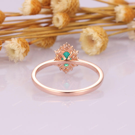 Classic Prong Set Oval Cut Emerald Halo Bridal Ring, May Birthstone Ring, Vintage 14k Rose Gold Plain Band Engagement Ring - Esdomera