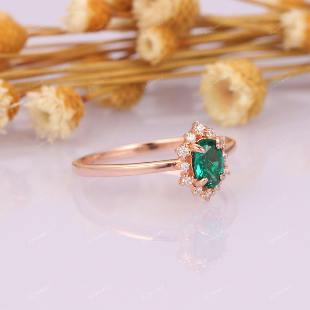 Classic Prong Set Oval Cut Emerald Halo Bridal Ring, May Birthstone Ring, Vintage 14k Rose Gold Plain Band Engagement Ring - Esdomera