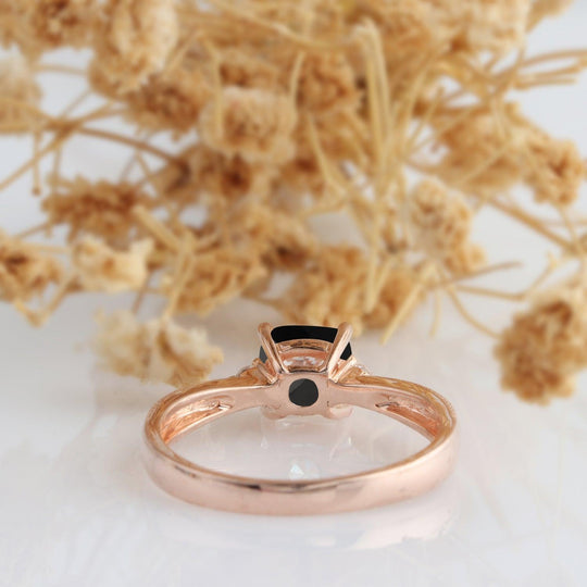 Cushion Cut 6mm Onyx Wedding Ring, 14k Rose Gold Art Deco Engagement Ring - Esdomera