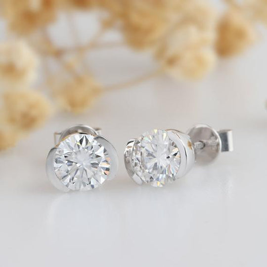 Esdomera 1.60CTW Round Cut Moissanite Stud Earrings, Half Bezel Set Solitaire Earring - Esdomera