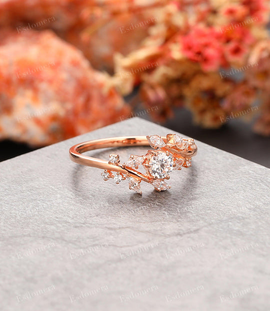 Esdomera Unique Leaf Band Moissanite Engagement Ring, Dainty 4mm Round Cut Moissanite Ring - Esdomera