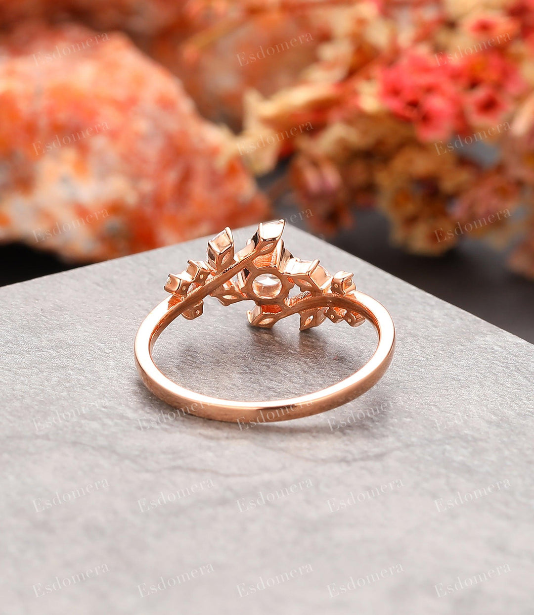 Esdomera Unique Leaf Band Moissanite Engagement Ring, Dainty 4mm Round Cut Moissanite Ring - Esdomera