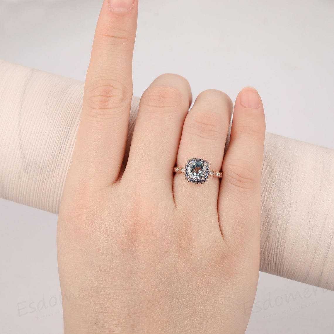 1.25CT Round Cut Natural Aquamarine Ring, Halo Natural Blue Sapphire Ring, Moissanite Half Eternity Ring