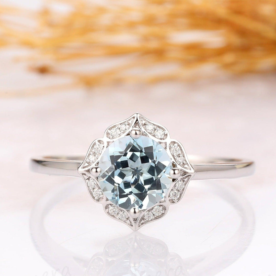 Floral Cushion Cut 7.5mm Aquamarine Ring, 14k White Gold Engagement Ring - Esdomera