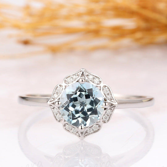 Floral Cushion Cut 7.5mm Aquamarine Ring, 14k White Gold Engagement Ring - Esdomera