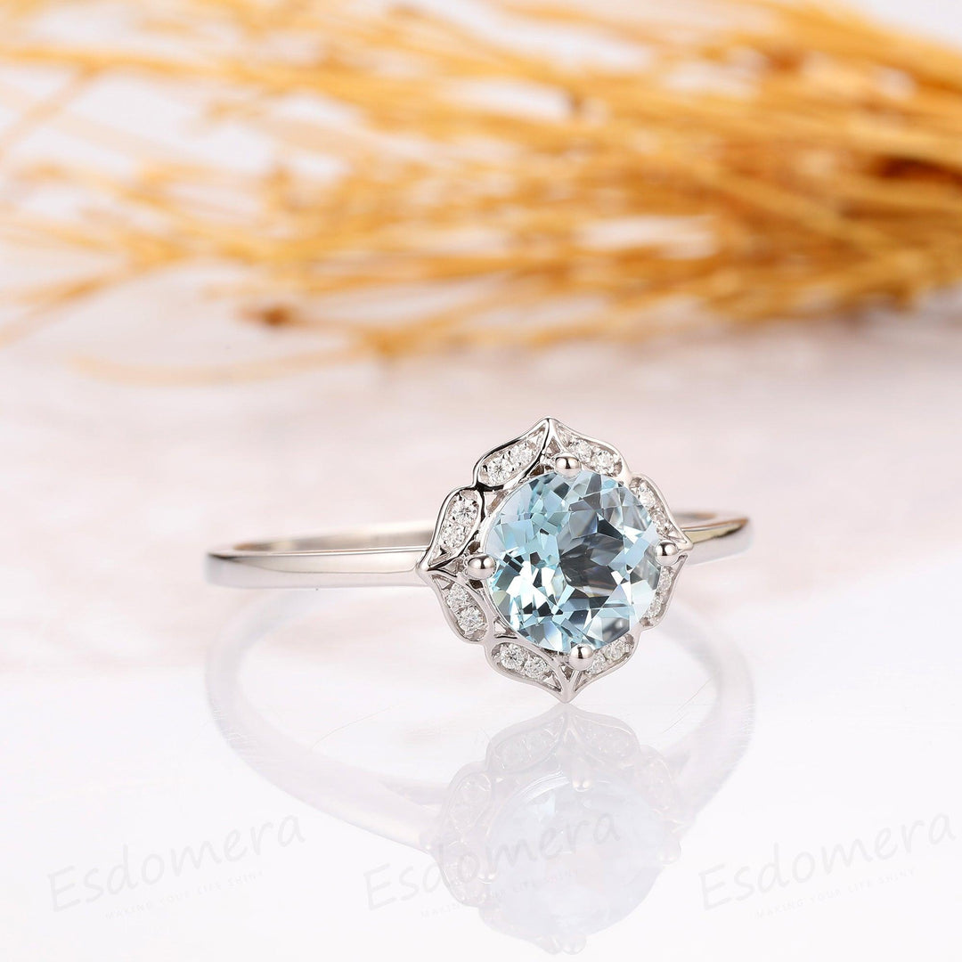 Floral Cushion Cut 7.5mm Aquamarine Ring, 14k White Gold Engagement Ring - Esdomera