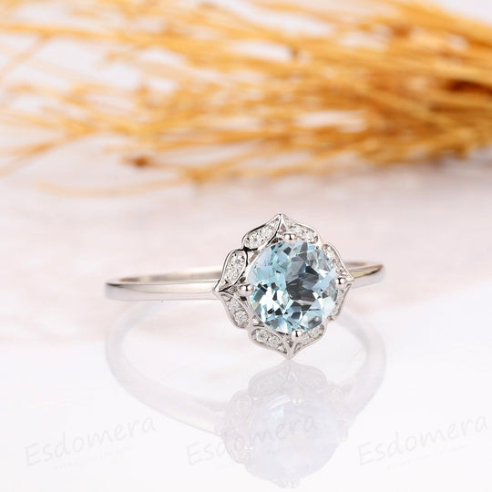 Floral Cushion Cut 7.5mm Aquamarine Ring, 14k White Gold Engagement Ring - Esdomera