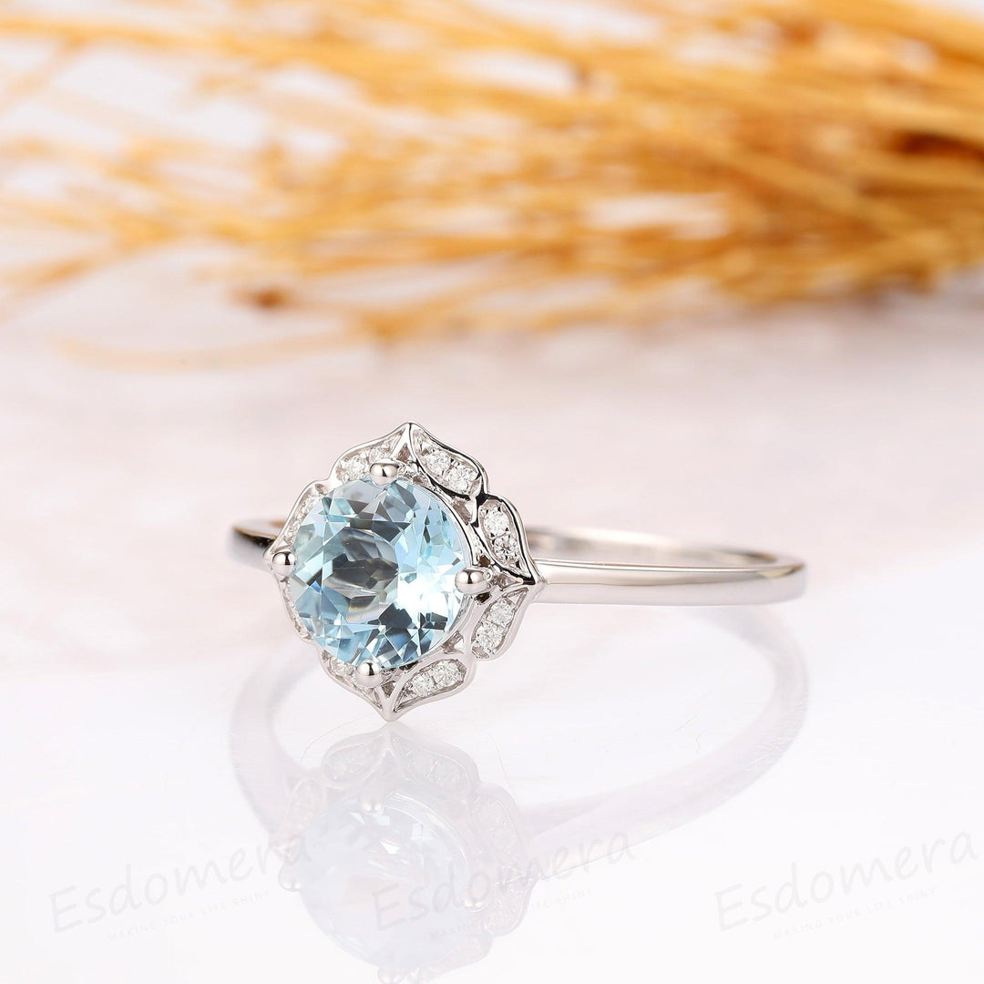 Floral Cushion Cut 7.5mm Aquamarine Ring, 14k White Gold Engagement Ring - Esdomera