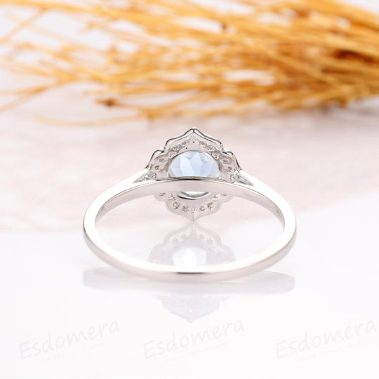 Floral Cushion Cut 7.5mm Aquamarine Ring, 14k White Gold Engagement Ring - Esdomera