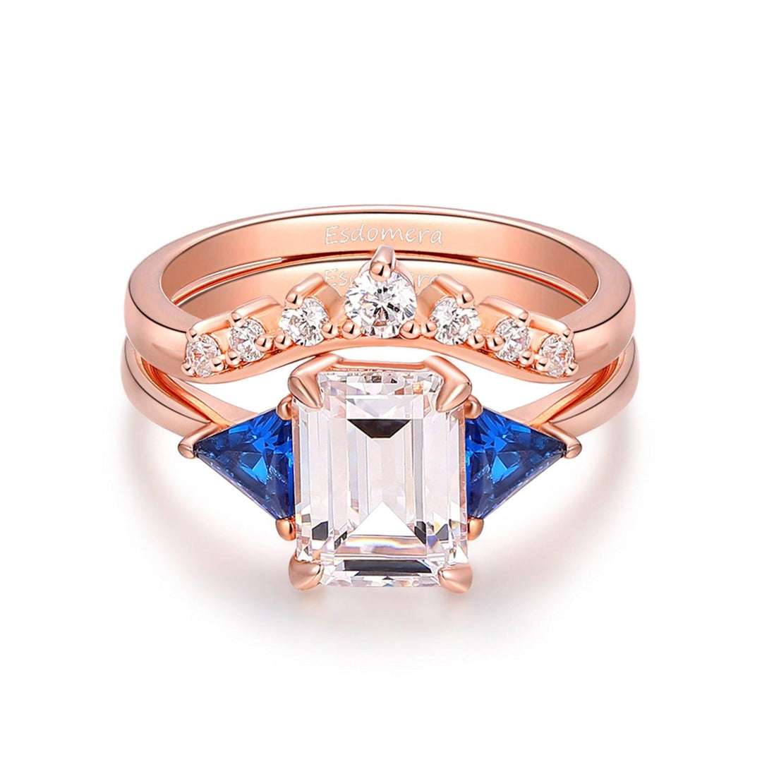 Gorgeous Prong Set Moissanite Bridal Sets, Blue Sapphire Engagement Ring, Curved Promise Wedding Band For Women - Esdomera