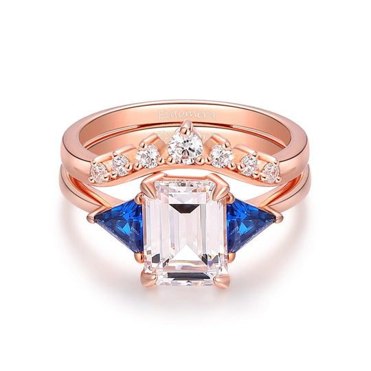 Gorgeous Prong Set Moissanite Bridal Sets, Blue Sapphire Engagement Ring, Curved Promise Wedding Band For Women - Esdomera