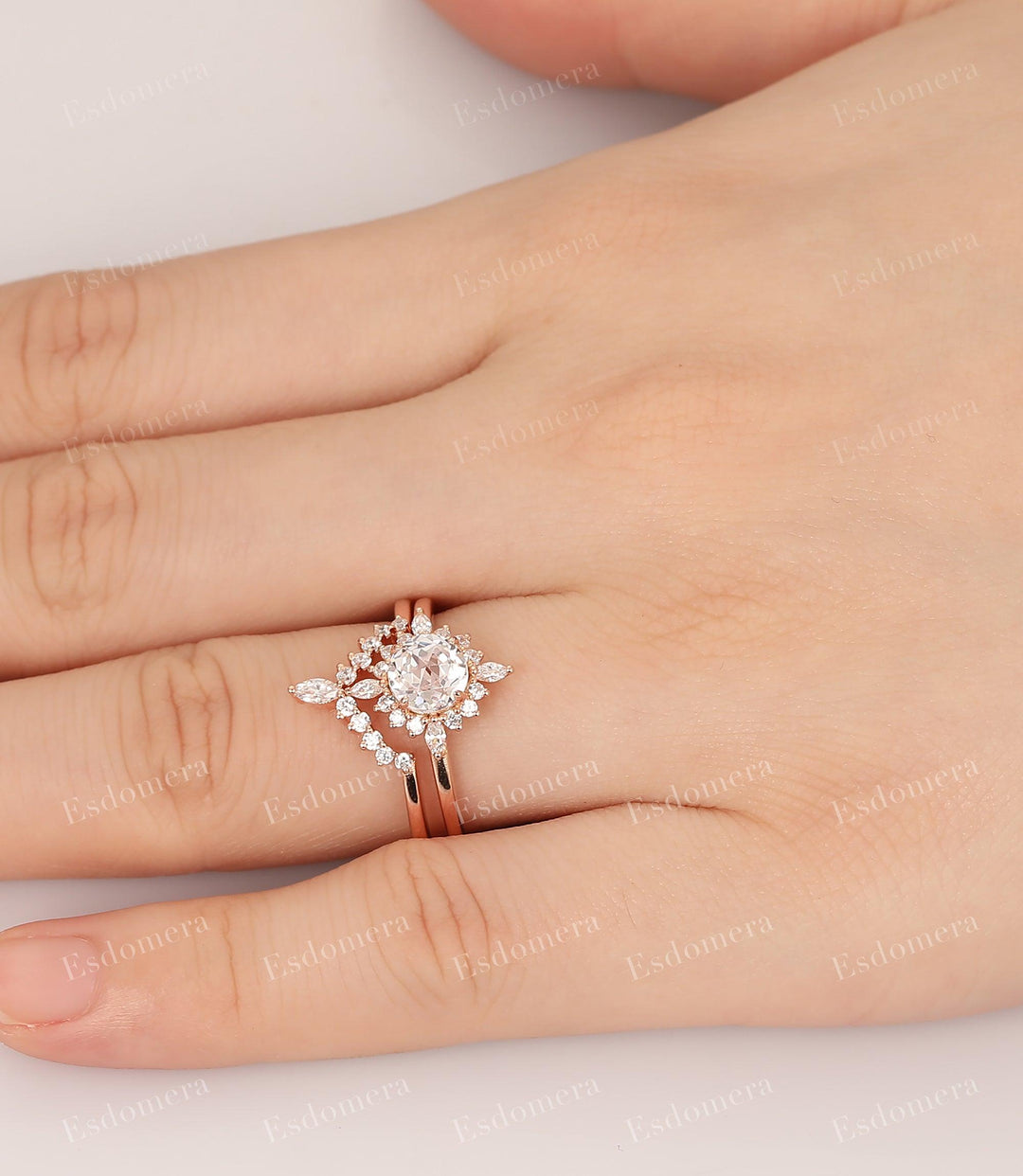 Halo Moissanite Promise Ring Unique Round Cut Moissanite Ring,Vintage Bridal Wedding Sets - Esdomera