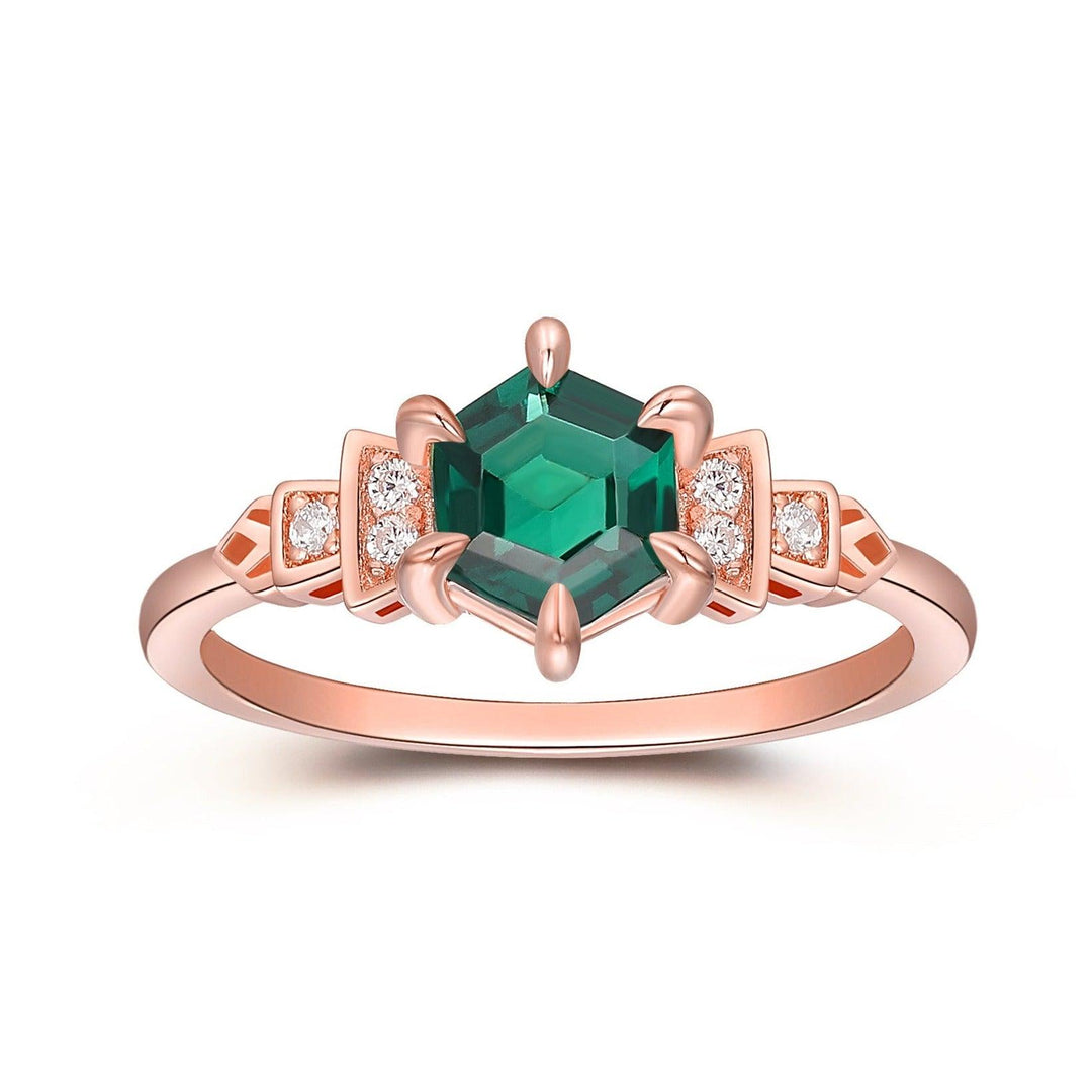 Hexagon Cut 0.85CT Emerald Ring, Moissanite Accent Wedding Ring, Delicate 14K Rose Gold Ring - Esdomera