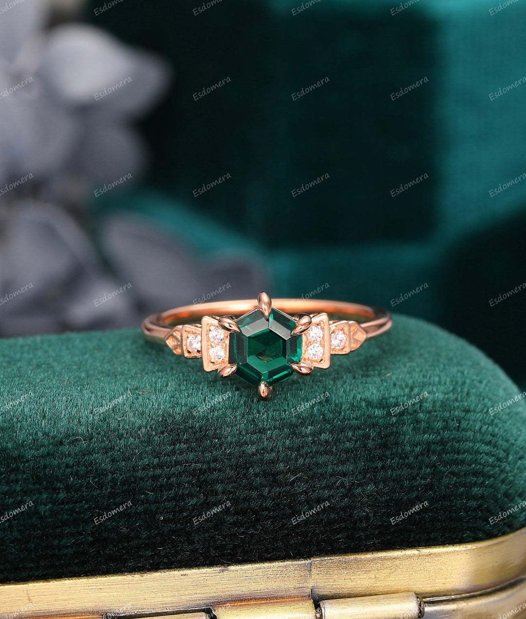 Hexagon Cut 0.85CT Emerald Ring, Moissanite Accent Wedding Ring, Delicate 14K Rose Gold Ring - Esdomera