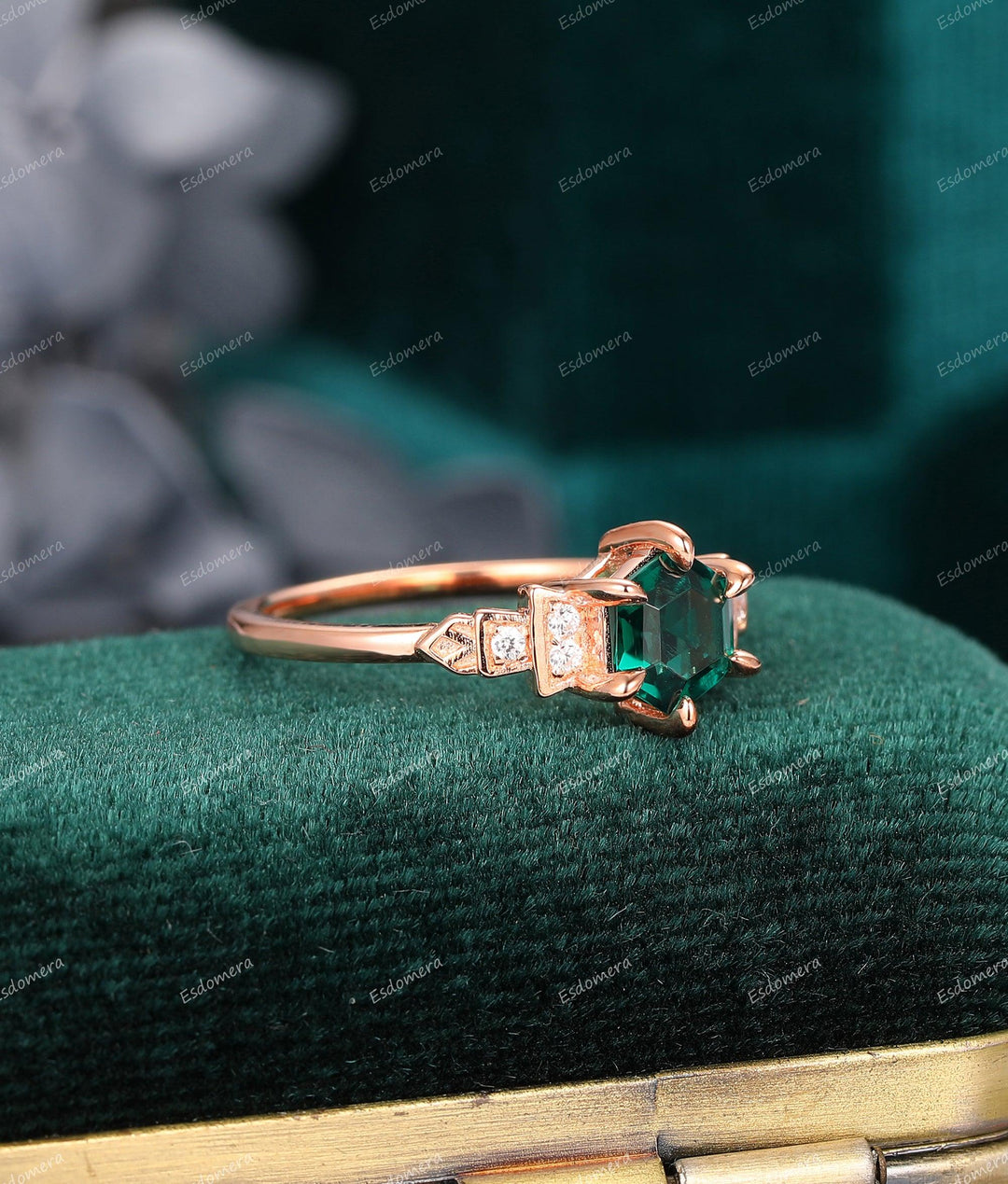 Hexagon Cut 0.85CT Emerald Ring, Moissanite Accent Wedding Ring, Delicate 14K Rose Gold Ring - Esdomera