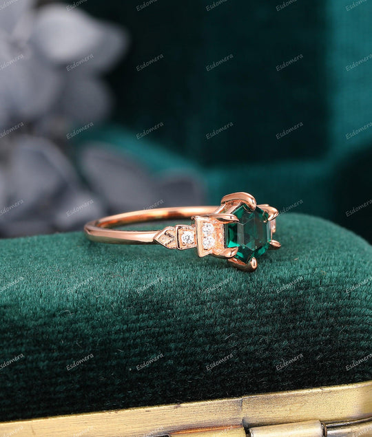 Hexagon Cut 0.85CT Emerald Ring, Moissanite Accent Wedding Ring, Delicate 14K Rose Gold Ring - Esdomera