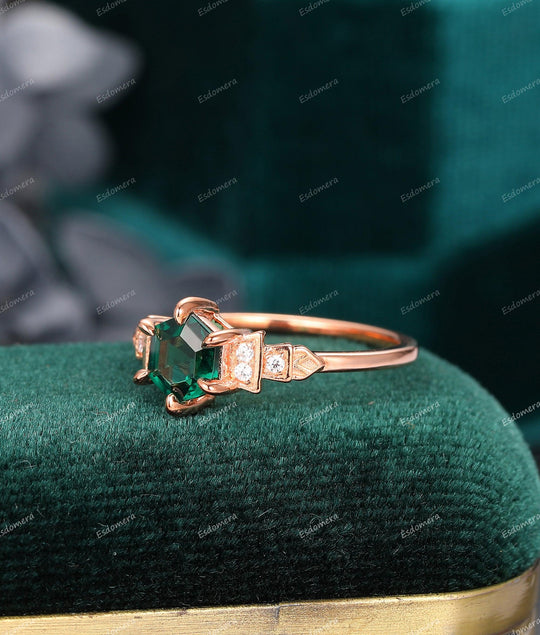 Hexagon Cut 0.85CT Emerald Ring, Moissanite Accent Wedding Ring, Delicate 14K Rose Gold Ring - Esdomera