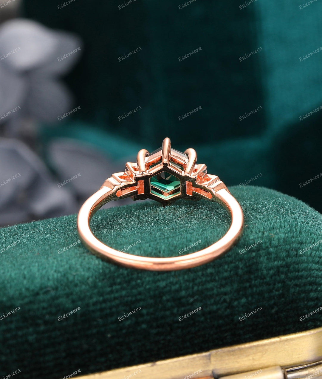 Hexagon Cut 0.85CT Emerald Ring, Moissanite Accent Wedding Ring, Delicate 14K Rose Gold Ring - Esdomera