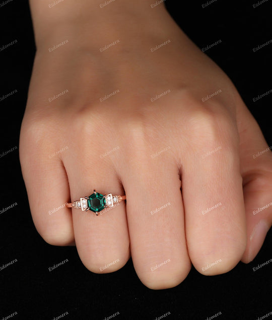 Hexagon Cut 0.85CT Emerald Ring, Moissanite Accent Wedding Ring, Delicate 14K Rose Gold Ring - Esdomera