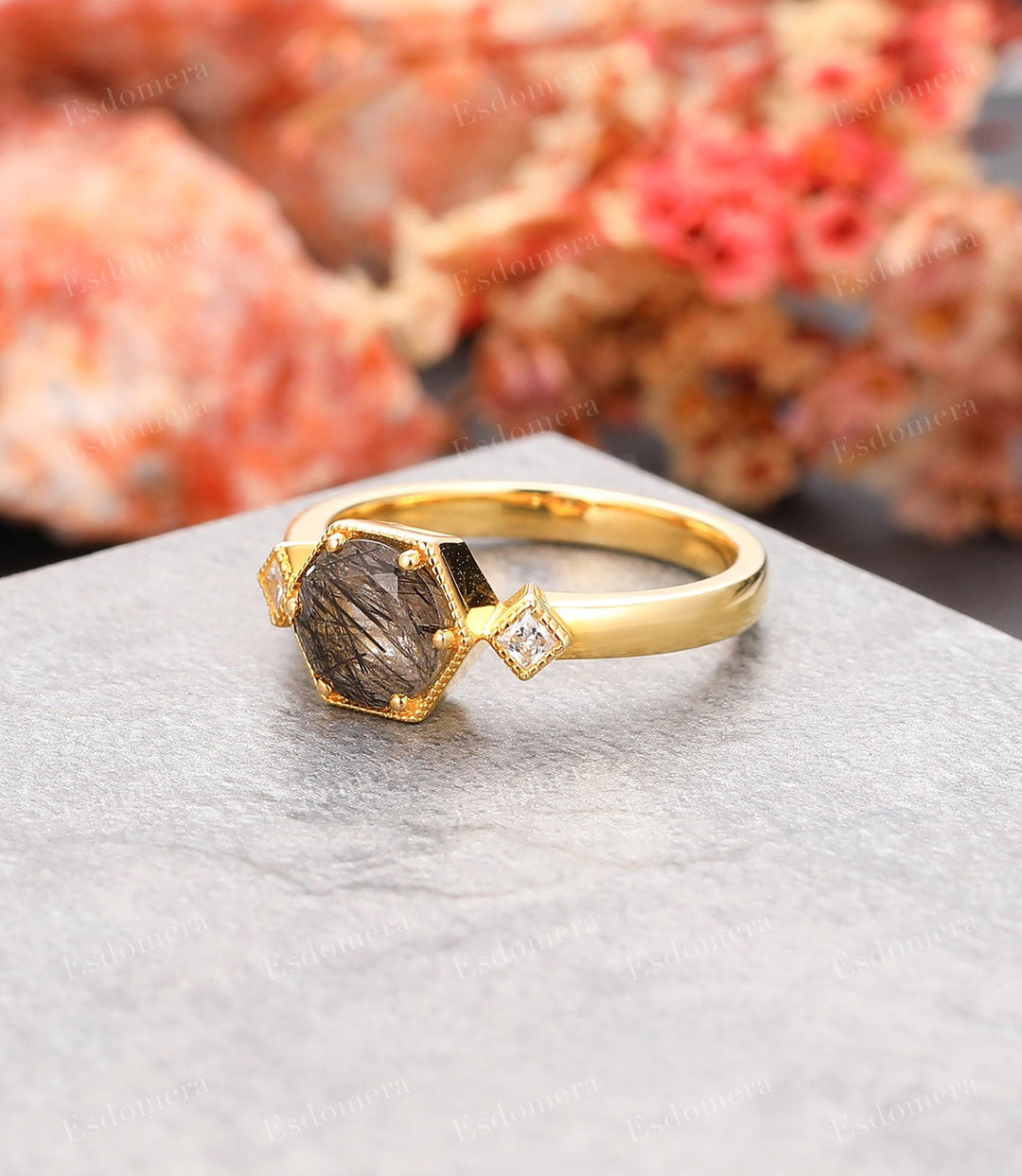 Hexagon Cut 7mm Natural Black Rutilated Quartz Bridal Ring, Moissanite Promise Ring - Esdomera