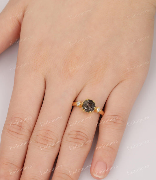Hexagon Cut 7mm Natural Black Rutilated Quartz Bridal Ring, Moissanite Promise Ring - Esdomera