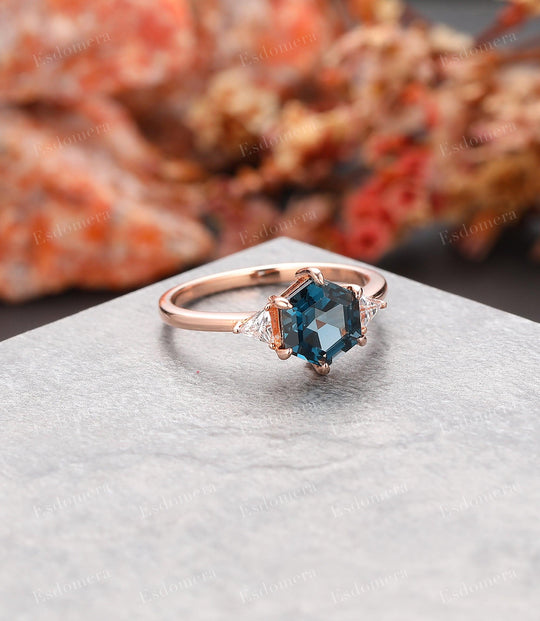 Hexagon Cut 7x7mm London Blue Topaz Wedding Ring, Moissanite Engagement Ring - Esdomera