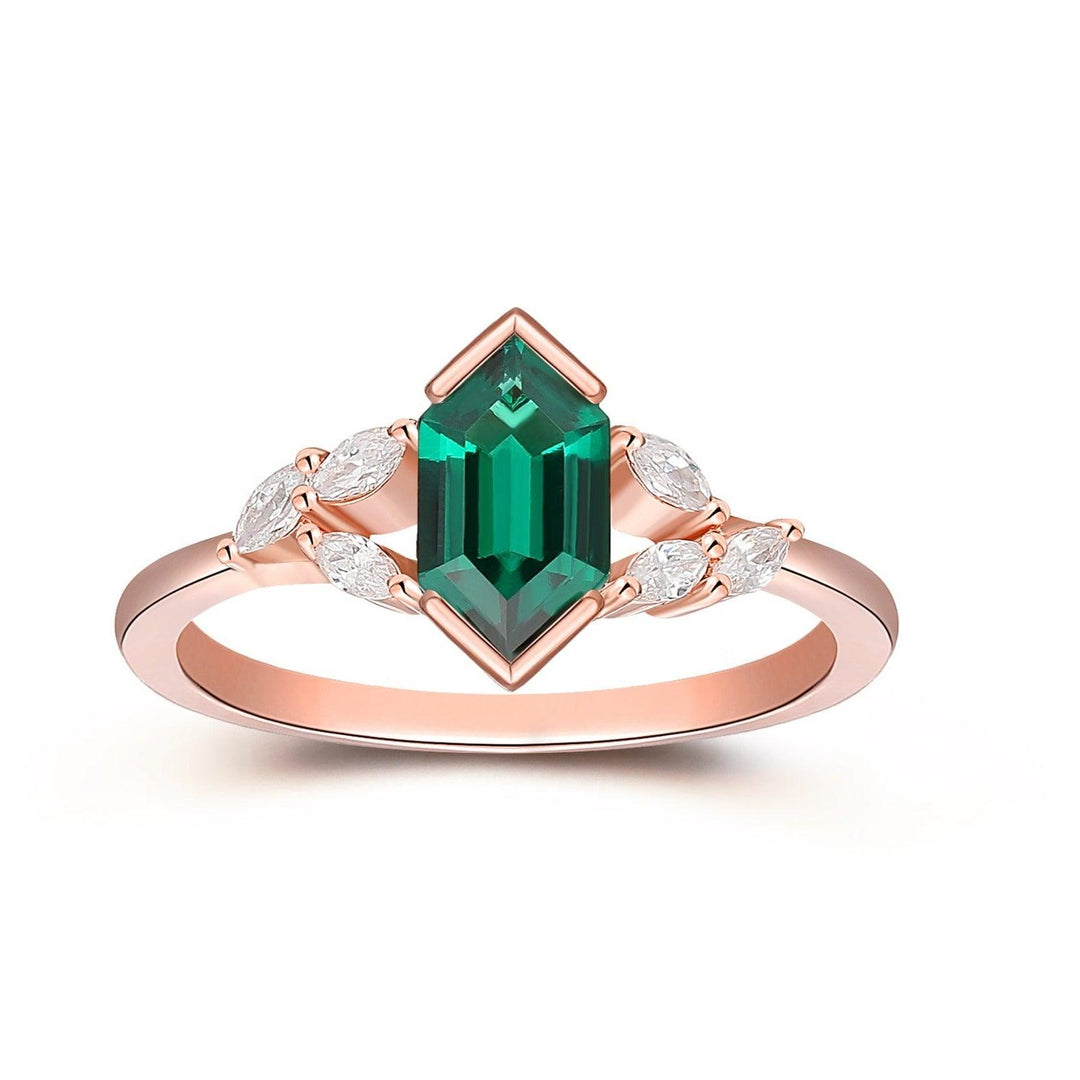 Hexagon Cut Emerald Engagement Ring Moissanite Accents Wedding Bridal Ring 14k Rose Gold Wedding Ring - Esdomera