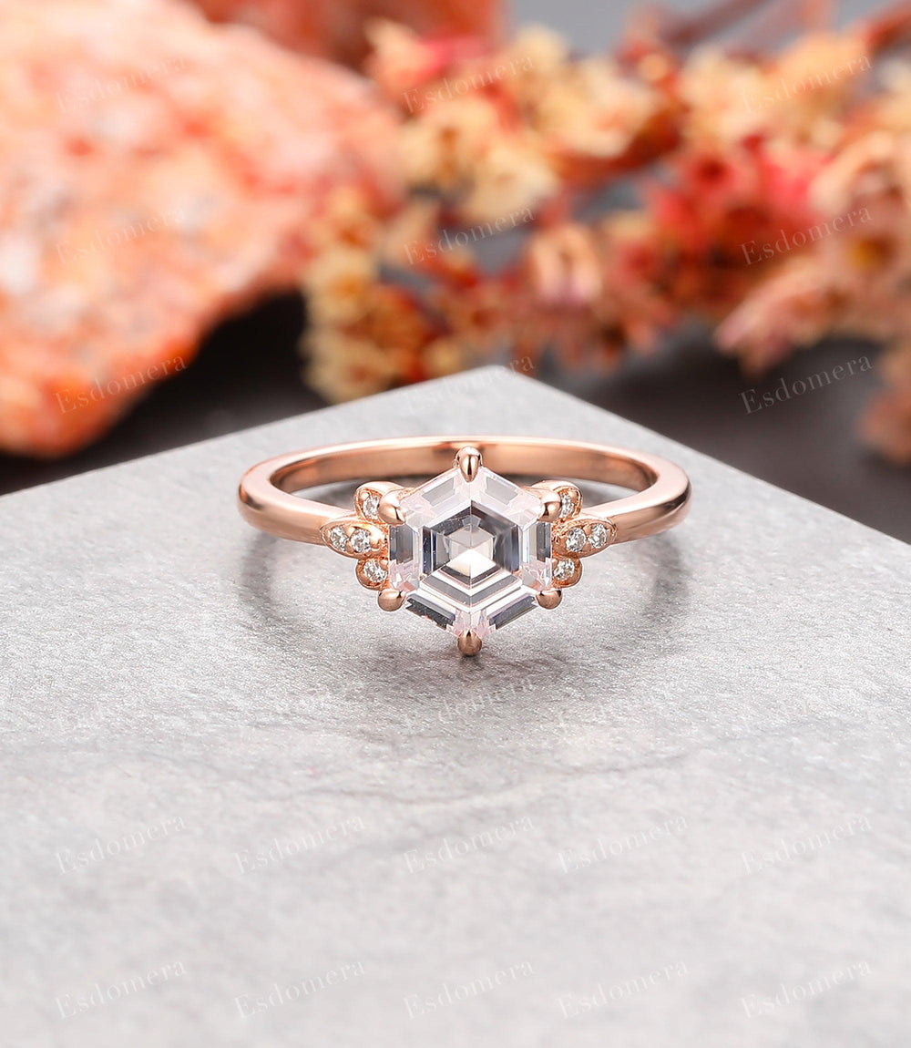 Hexagon Cut Moissanite Engagement Ring Moissanites Cluster Promise Ring Vintage 14k Rose Gold Ring - Esdomera