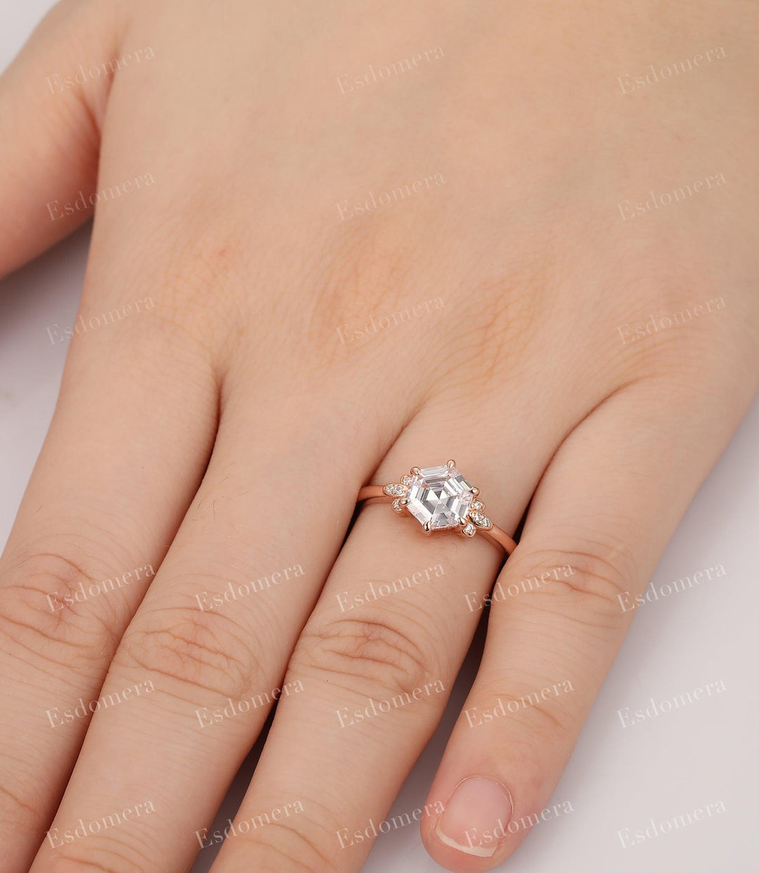 Hexagon Cut Moissanite Engagement Ring Moissanites Cluster Promise Ring Vintage 14k Rose Gold Ring - Esdomera